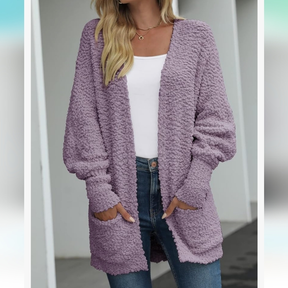 Women's Lavender/Mauve Popcorn Knit 2 Pocket Cardigan Sz-XXL
